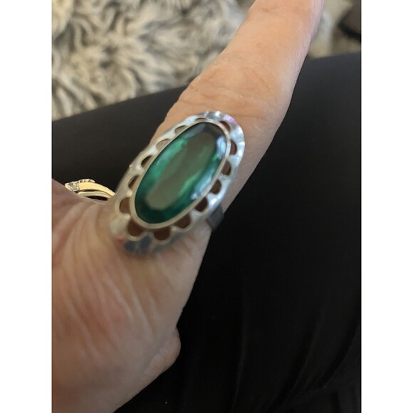 Vintage MCM Green Gemstone Ring Sterling Silver Faceted Marquise Lrg 925 Sz 8.5 - Picture 3 of 9